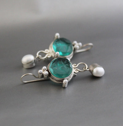 Green Glass Intaglio Chandelier Earrings, Art Deco Style, 925 Sterling Silver, photo 4