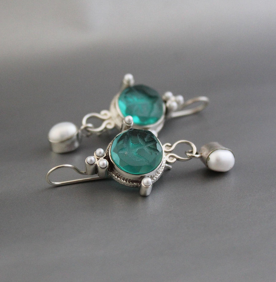 Green Glass Intaglio Chandelier Earrings, Art Deco Style, 925 Sterling Silver, photo 4
