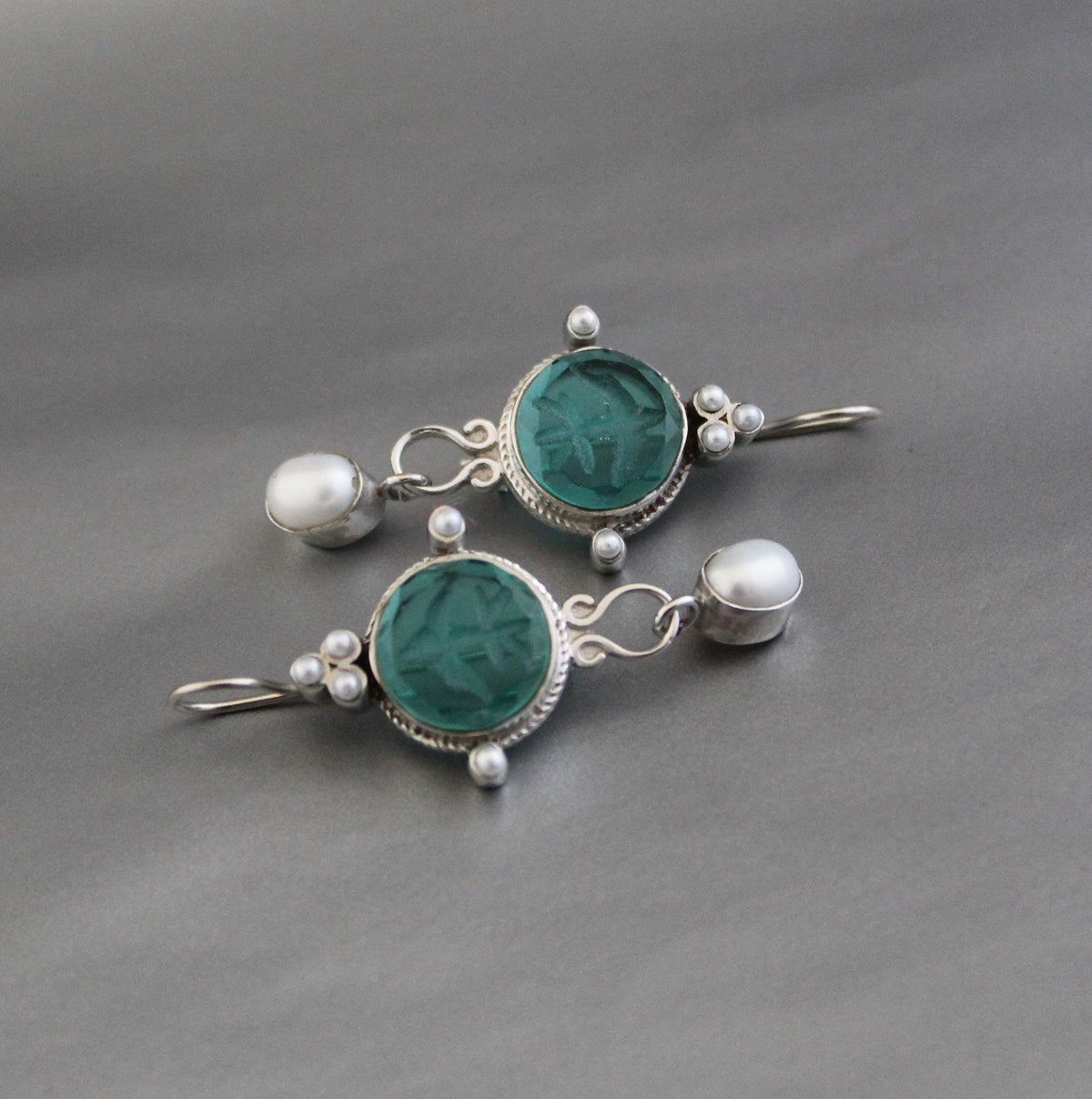 Green Glass Intaglio Chandelier Earrings, Art Deco Style, 925 Sterling Silver, photo 7
