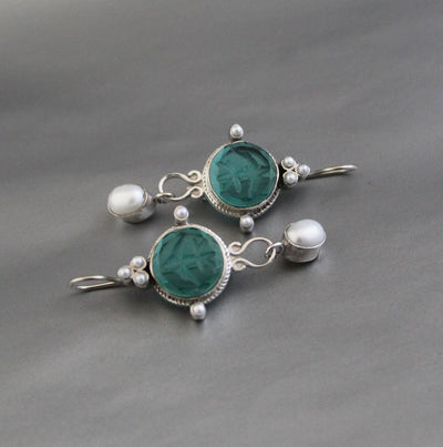 Green Glass Intaglio Chandelier Earrings, Art Deco Style, 925 Sterling Silver, photo 7