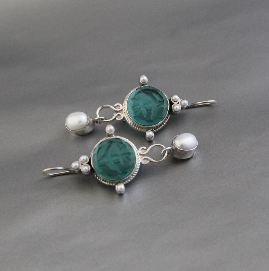 Green Glass Intaglio Chandelier Earrings, Art Deco Style, 925 Sterling Silver, photo 7