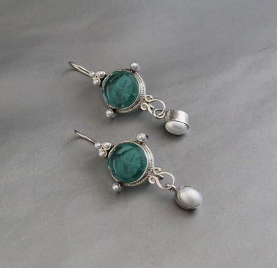 Green Glass Intaglio Chandelier Earrings, Art Deco Style, 925 Sterling Silver, photo 8