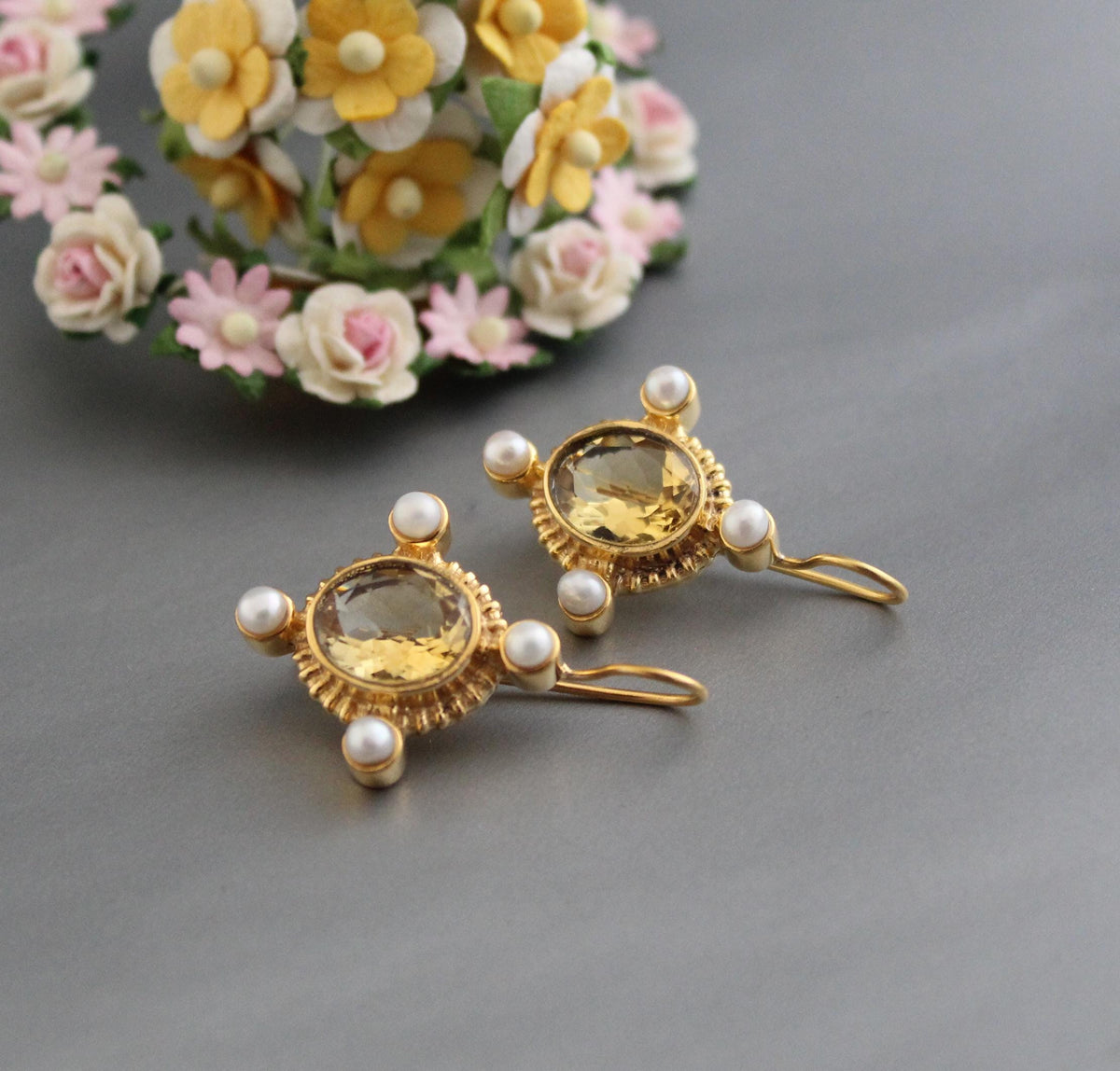 Citrine Earrings, Victorian Style, Gold, photo 10