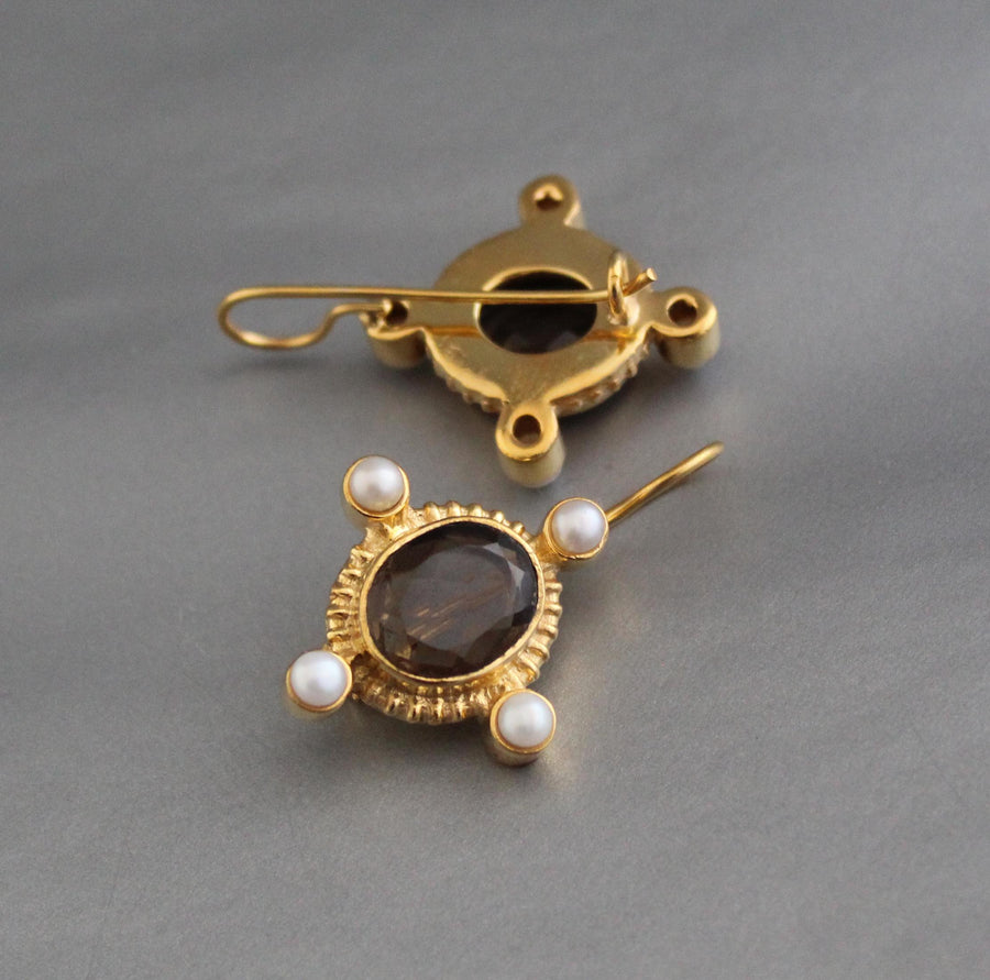 Smokey Quartz Intaglio Earrings, Victorian Style, Gold and Pearl, photo 3