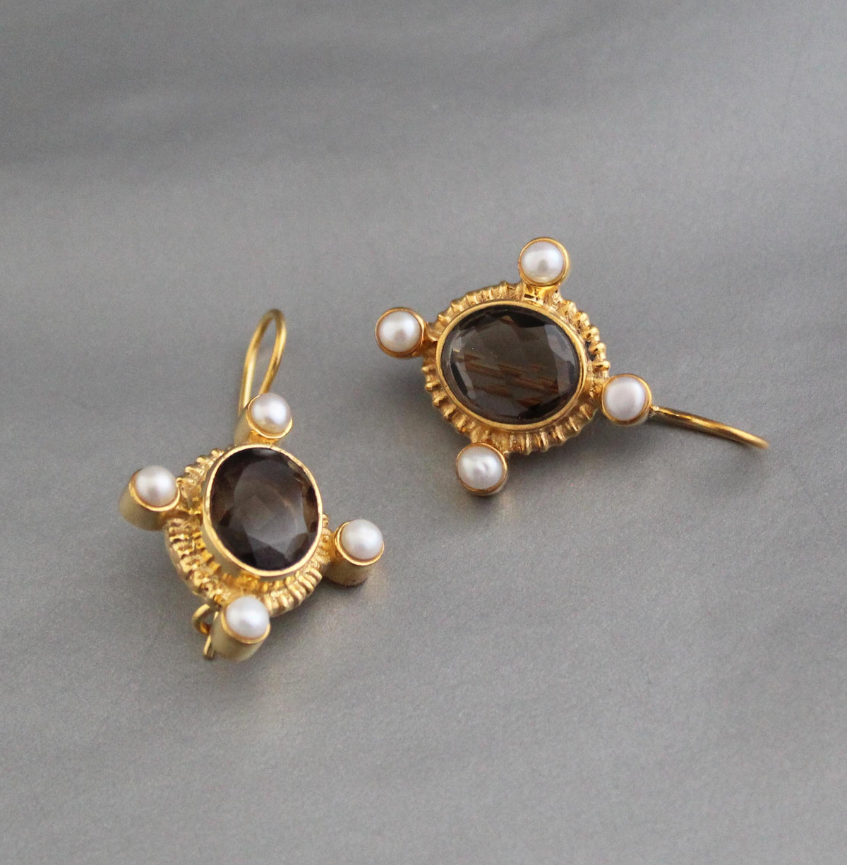 Smokey Quartz Intaglio Earrings, Victorian Style, Gold and Pearl, photo 7