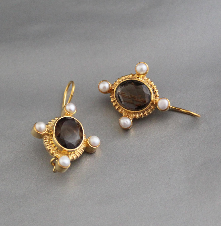 Smokey Quartz Intaglio Earrings, Victorian Style, Gold and Pearl, photo 7