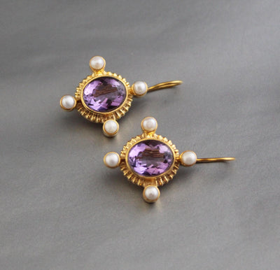 Amethyst Intaglio Earrings, Victorian Style with Pearls, photo 4