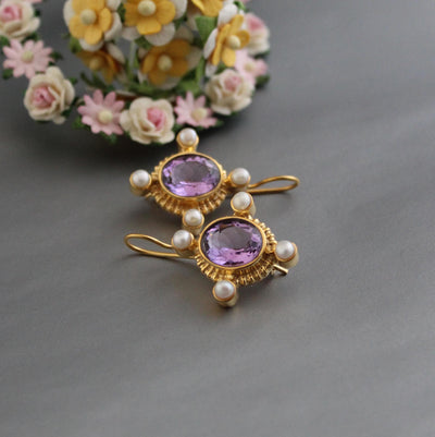 Amethyst Intaglio Earrings, Victorian Style with Pearls, photo 10