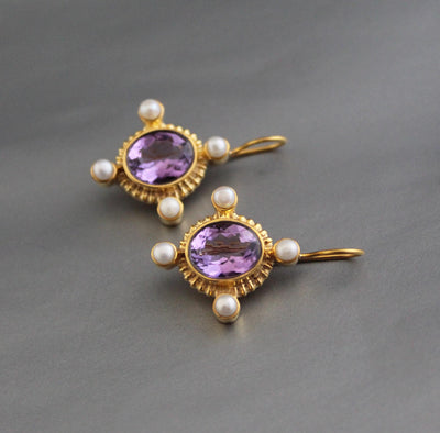 Amethyst Intaglio Earrings, Victorian Style with Pearls, photo 5