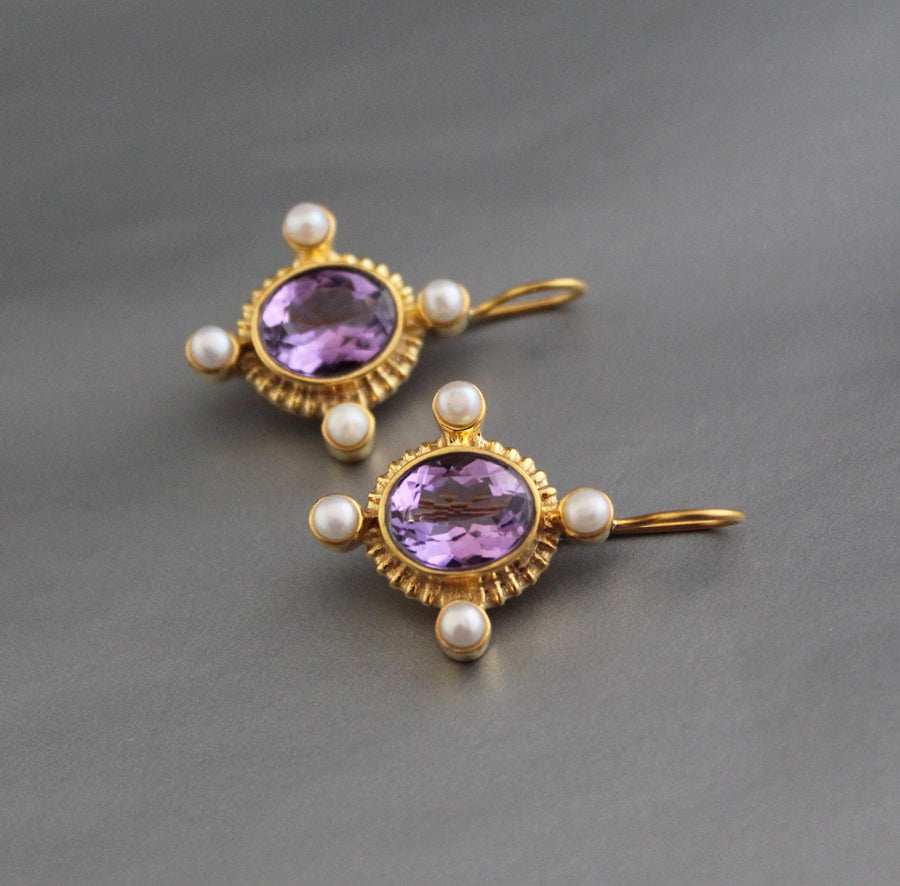Amethyst Intaglio Earrings, Victorian Style with Pearls, photo 5
