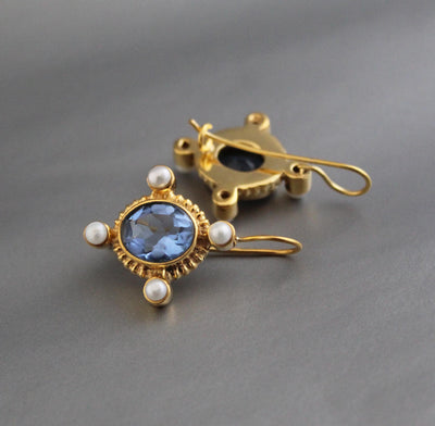 Iolite Intaglio Earrings, Victorian Style with Pearls, photo 3