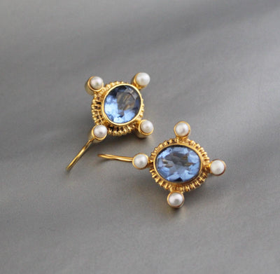 Iolite Intaglio Earrings, Victorian Style with Pearls, photo 6