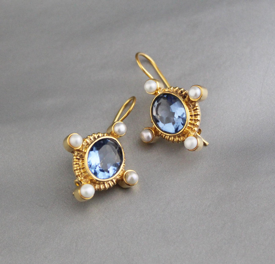 Iolite Intaglio Earrings, Victorian Style with Pearls, photo 7