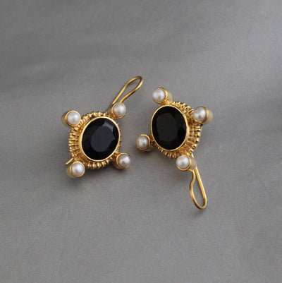 Black Onyx Intaglio Earrings, Vintage Gold and Pearl, photo 8