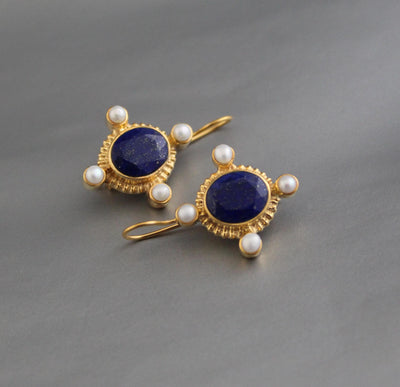 Lapis Lazuli Intaglio Earrings, Victorian Style, Gold and Pearl, photo 3