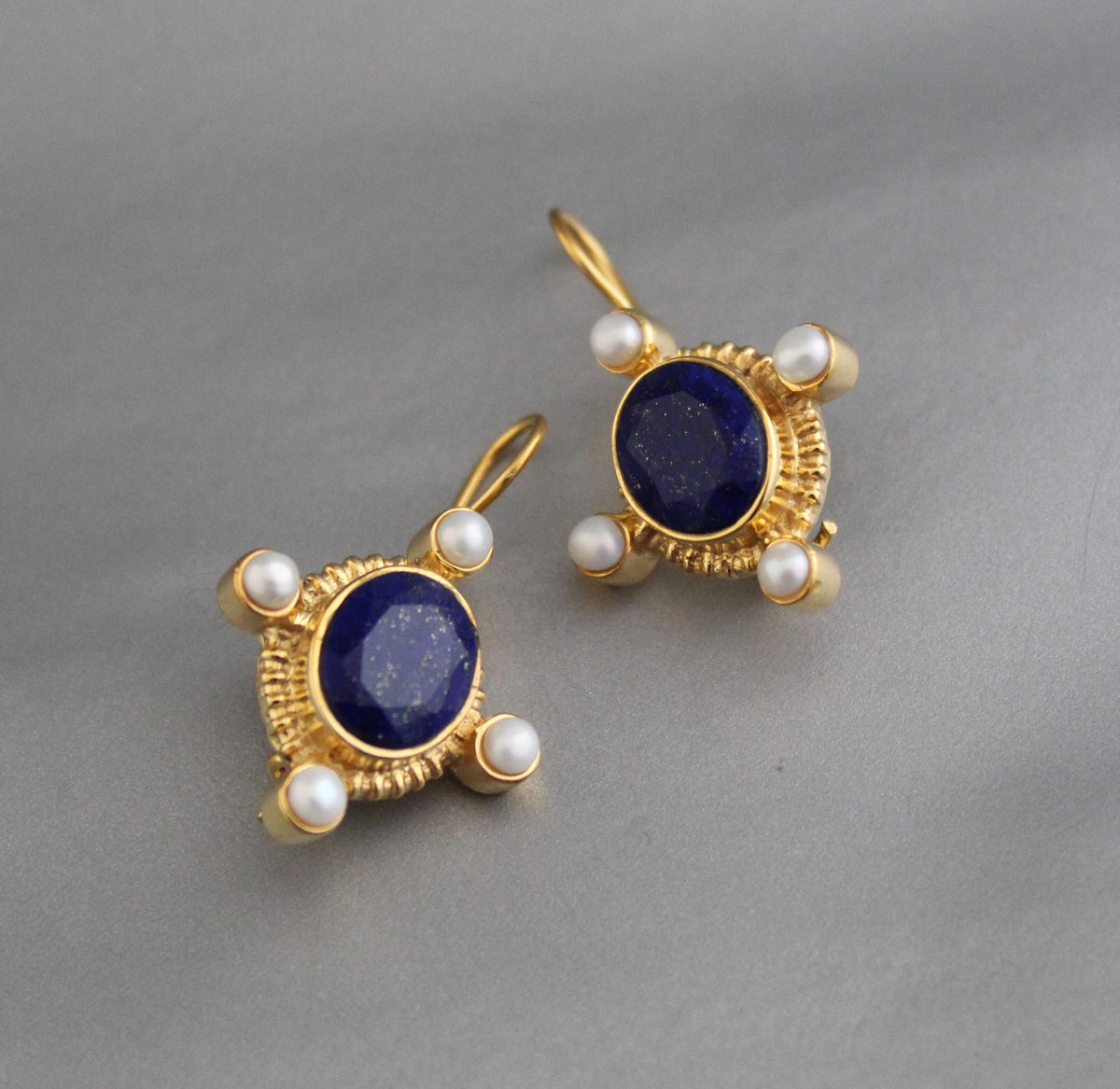 Lapis Lazuli Intaglio Earrings, Victorian Style, Gold and Pearl, photo 4
