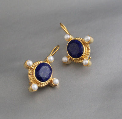 Lapis Lazuli Intaglio Earrings, Victorian Style, Gold and Pearl, photo 4