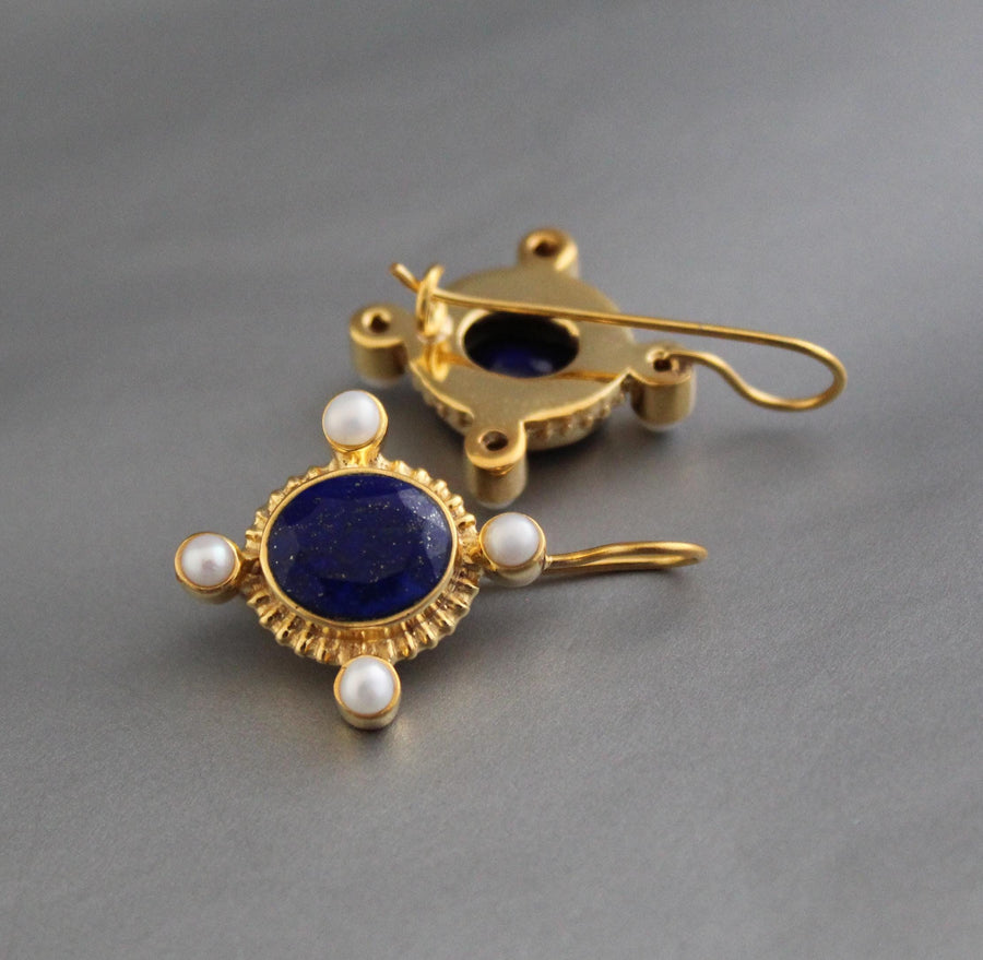 Lapis Lazuli Intaglio Earrings, Victorian Style, Gold and Pearl, photo 2