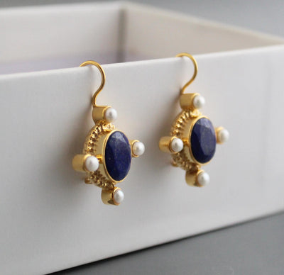 Lapis Lazuli Intaglio Earrings, Victorian Style, Gold and Pearl, photo 9