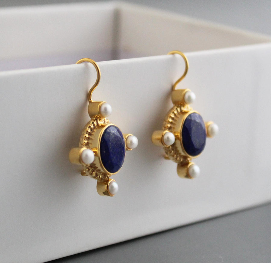 Lapis Lazuli Intaglio Earrings, Victorian Style, Gold and Pearl, photo 9