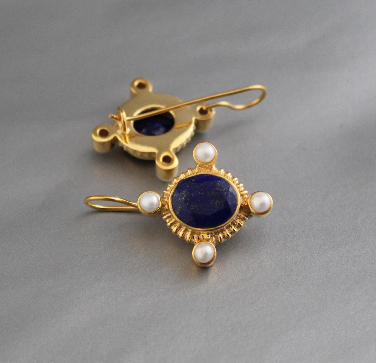 Lapis Lazuli Intaglio Earrings, Victorian Style, Gold and Pearl, photo 8