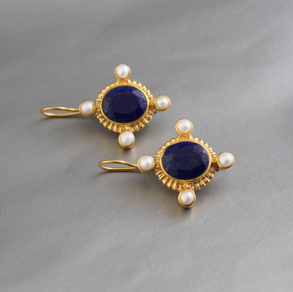 Lapis Lazuli Intaglio Earrings, Victorian Style, Gold and Pearl, photo 7