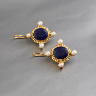 Lapis Lazuli Intaglio Earrings, Victorian Style, Gold and Pearl, photo 7