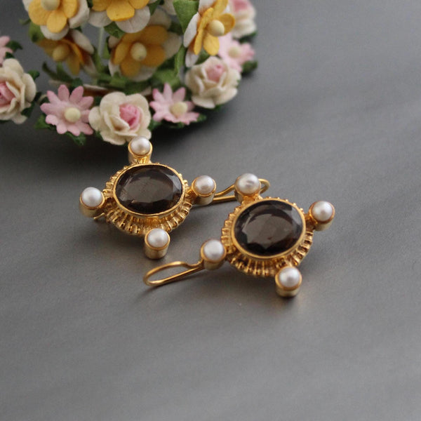 Smokey Quartz Intaglio Earrings, Victorian Style, Gold and Pearl