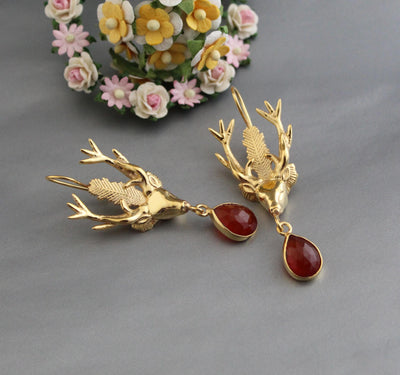 Carnelian Stag Head Intaglio Earrings, Victorian Gold