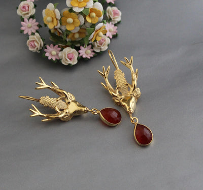 Carnelian Stag Head Intaglio Earrings, Victorian Gold, photo 4