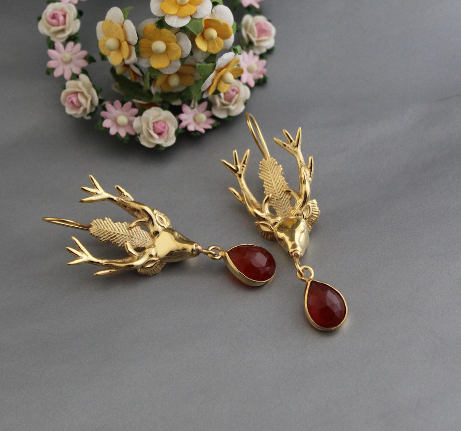 Carnelian Stag Head Intaglio Earrings, Victorian Gold, photo 4