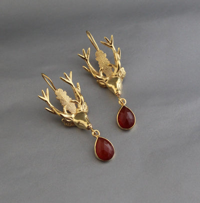 Carnelian Stag Head Intaglio Earrings, Victorian Gold, photo 2