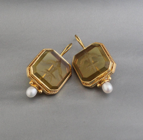 Yellow Intaglio Earrings, Victorian Art Deco Style, Brass