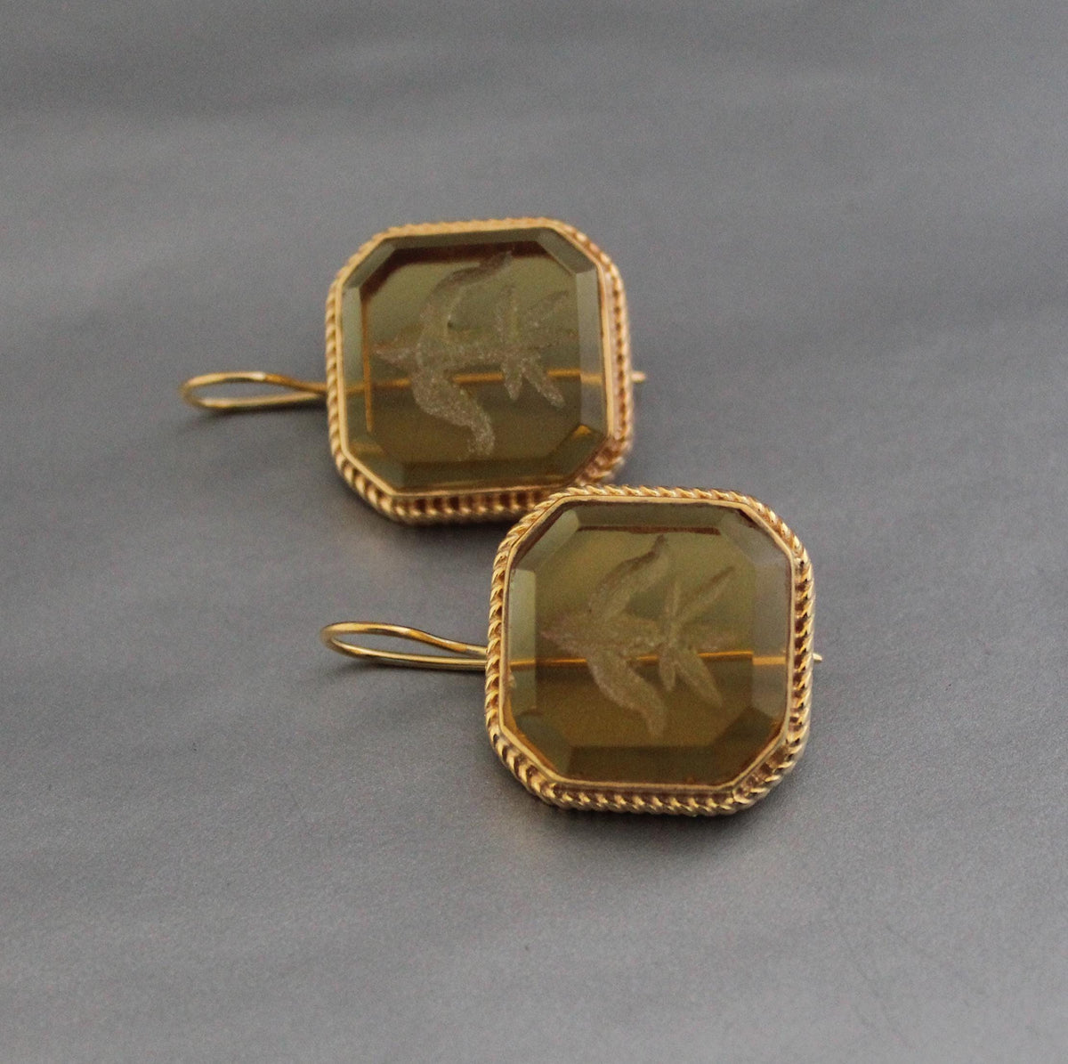 Yellow Glass Intaglio Earrings, Victorian Cameo Style, 18K Gold, photo 7