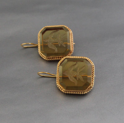 Yellow Glass Intaglio Earrings, Victorian Cameo Style, 18K Gold, photo 7