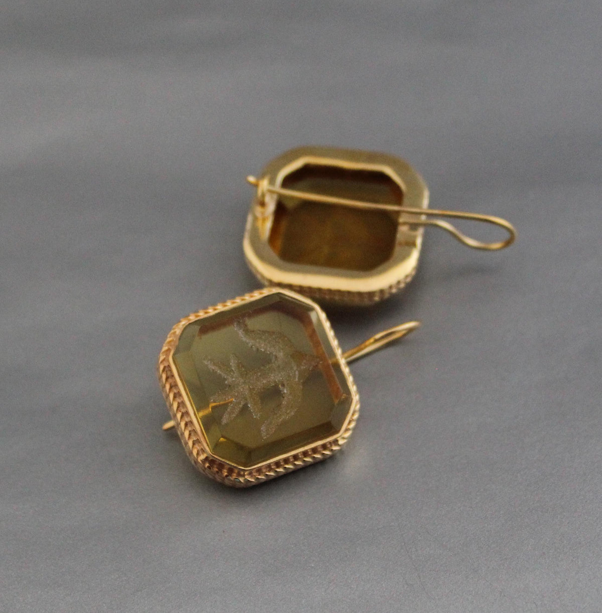 Yellow Glass Intaglio Earrings, Victorian Cameo Style, 18K Gold, photo 2