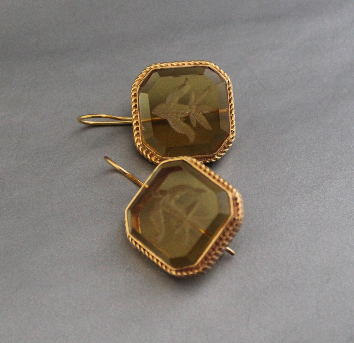 Yellow Glass Intaglio Earrings, Victorian Cameo Style, 18K Gold, photo 4