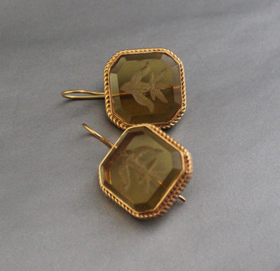 Yellow Glass Intaglio Earrings, Victorian Cameo Style, 18K Gold, photo 4