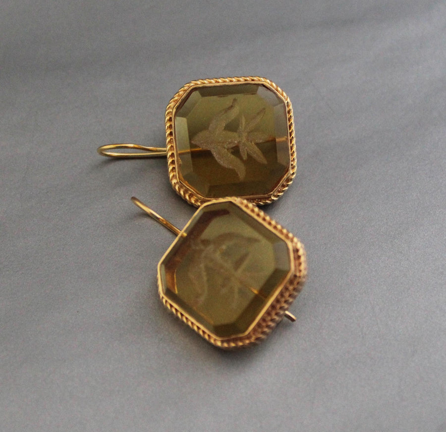 Yellow Glass Intaglio Earrings, Victorian Cameo Style, 18K Gold, photo 4