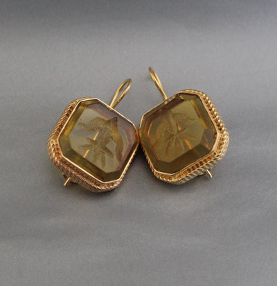 Yellow Glass Intaglio Earrings, Victorian Cameo Style, 18K Gold, photo 3