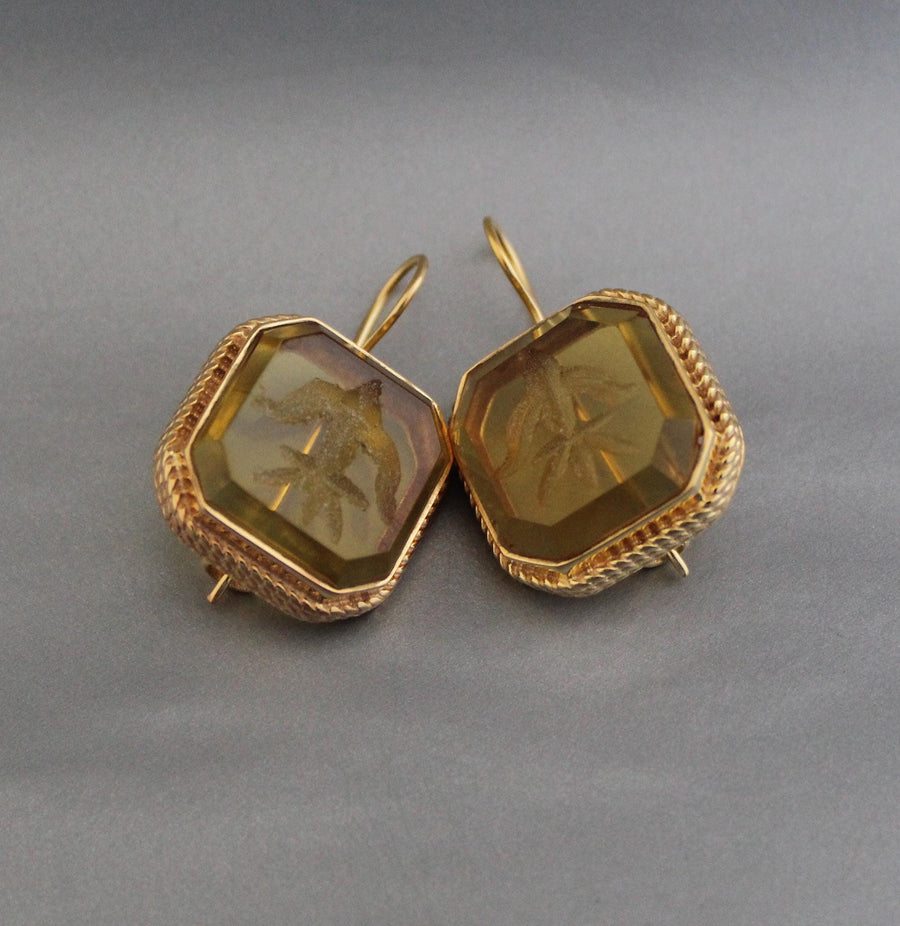Yellow Glass Intaglio Earrings, Victorian Cameo Style, 18K Gold, photo 3