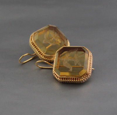 Yellow Glass Intaglio Earrings, Victorian Cameo Style, 18K Gold, photo 6
