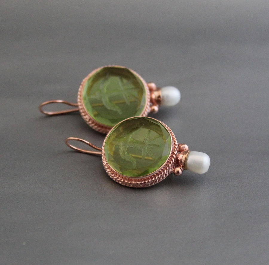 Green Fleur-de-lis Intaglio Earrings, Vintage Pearls, Rose Gold, photo 6