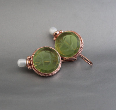 Green Fleur-de-lis Intaglio Earrings, Vintage Pearls, Rose Gold, photo 5