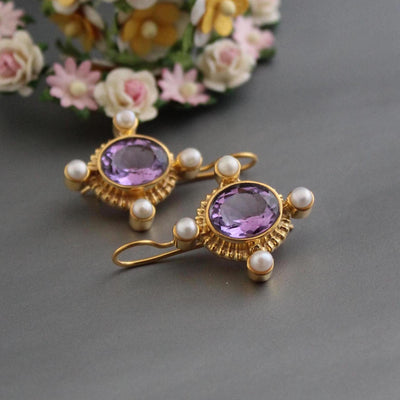 Amethyst Intaglio Earrings, Victorian Style with Pearls