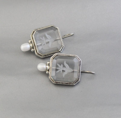 Intaglio Crystal Earrings, Victorian Bridal Pearls, 925 Silver, photo 4