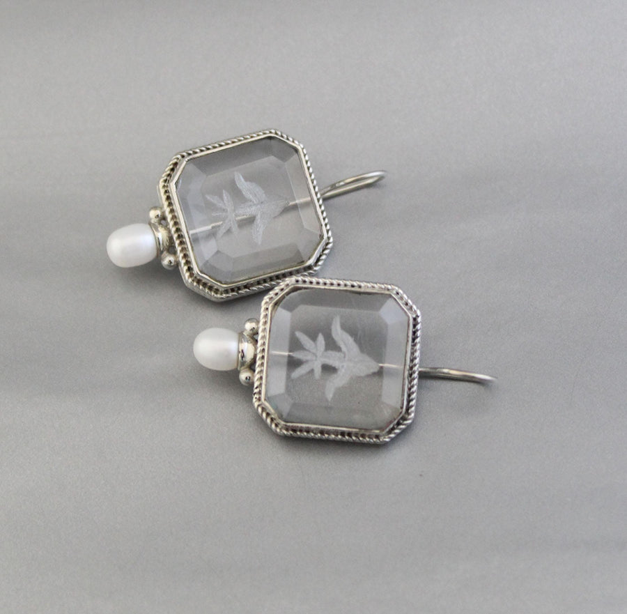 Intaglio Crystal Earrings, Victorian Bridal Pearls, 925 Silver, photo 4