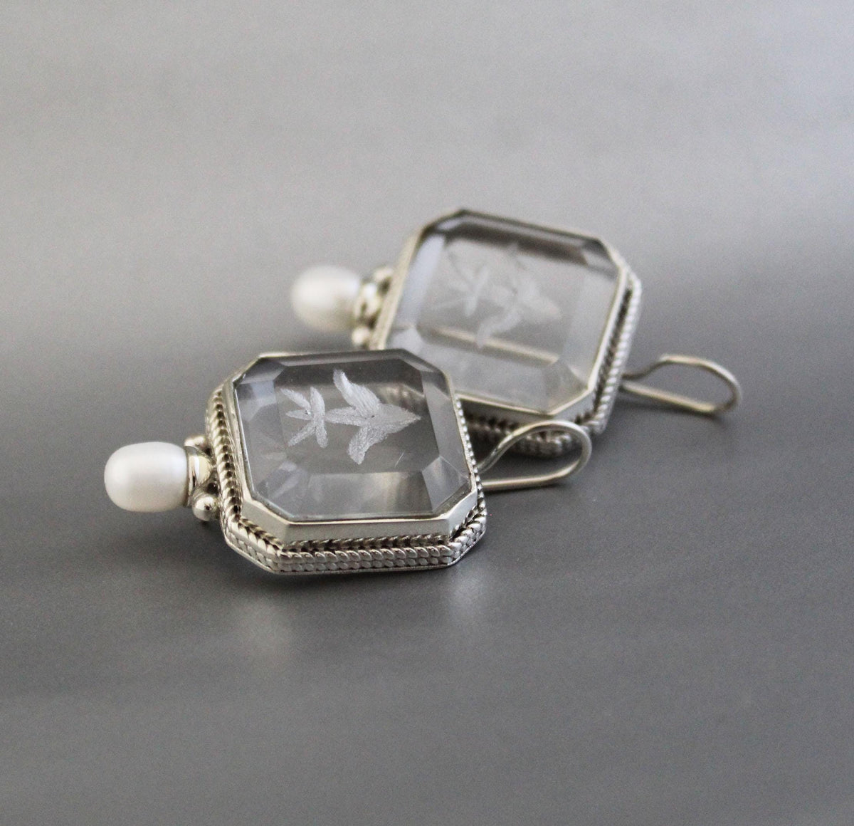 Intaglio Crystal Earrings, Victorian Bridal Pearls, 925 Silver, photo 7