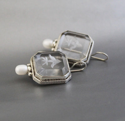 Intaglio Crystal Earrings, Victorian Bridal Pearls, 925 Silver, photo 7