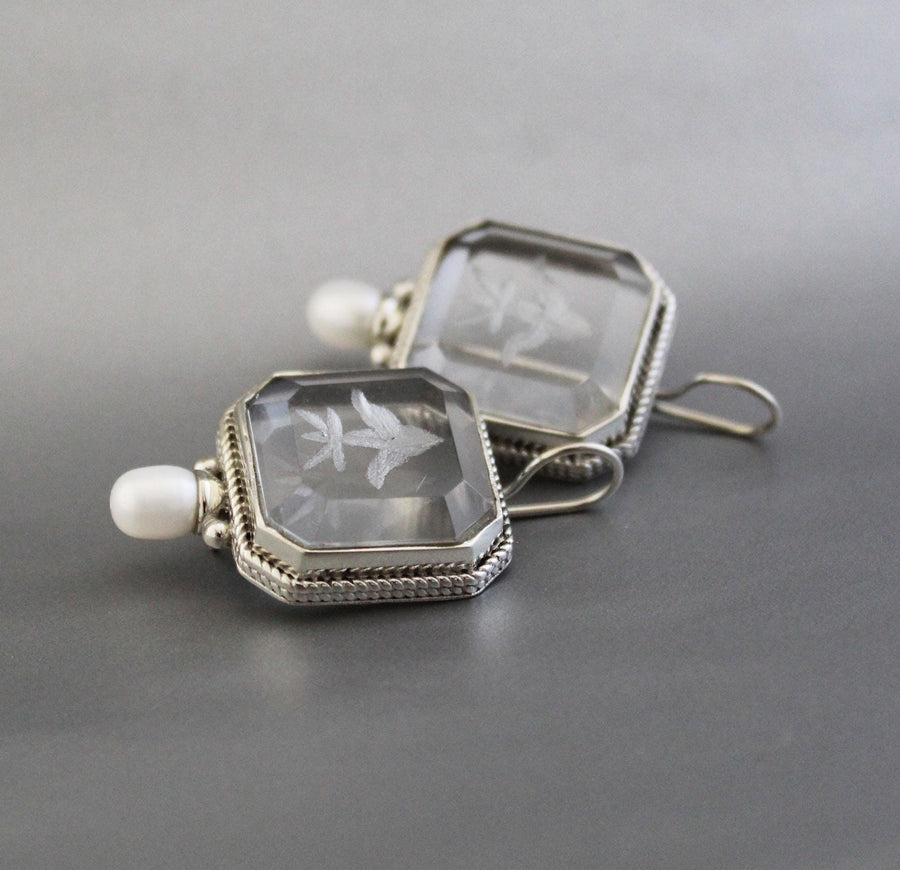 Intaglio Crystal Earrings, Victorian Bridal Pearls, 925 Silver, photo 7